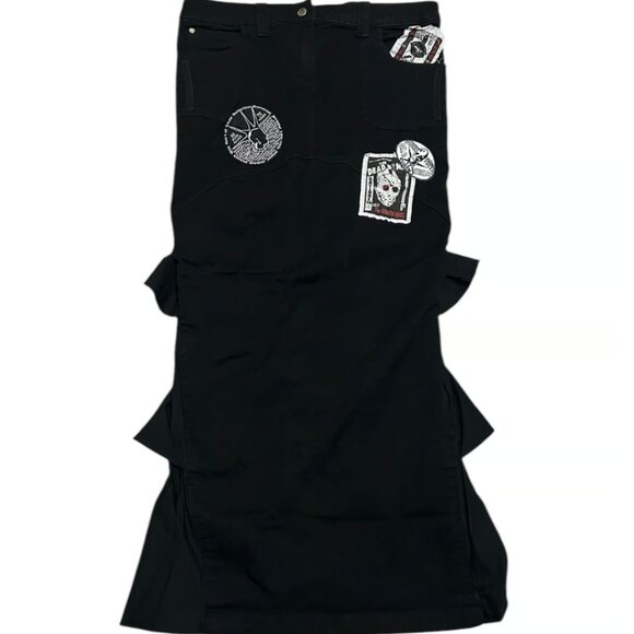 Vintage Lip Service Ruffle Denim Maxi Patch Skirt Black Large - Picture 2 of 14